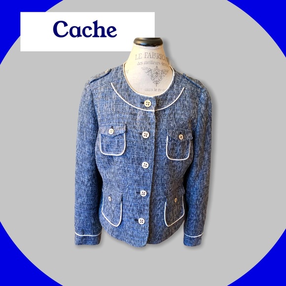 Cache Wool Blend Blue Tweed Four Pocket Jacket 14 - Picture 2 of 16